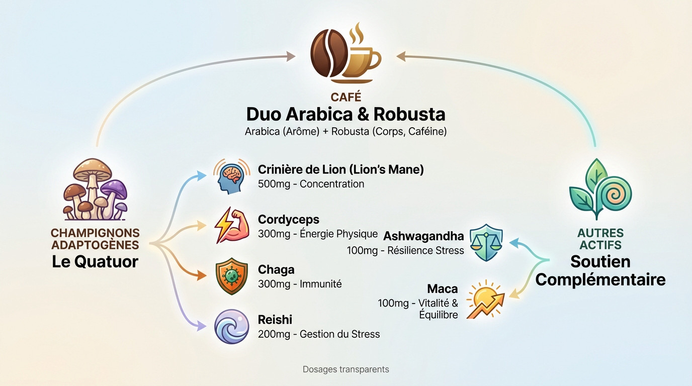 Analyse de la composition des actifs du Café des Guerriers : mélange de café, champignons et plantes adaptogènes