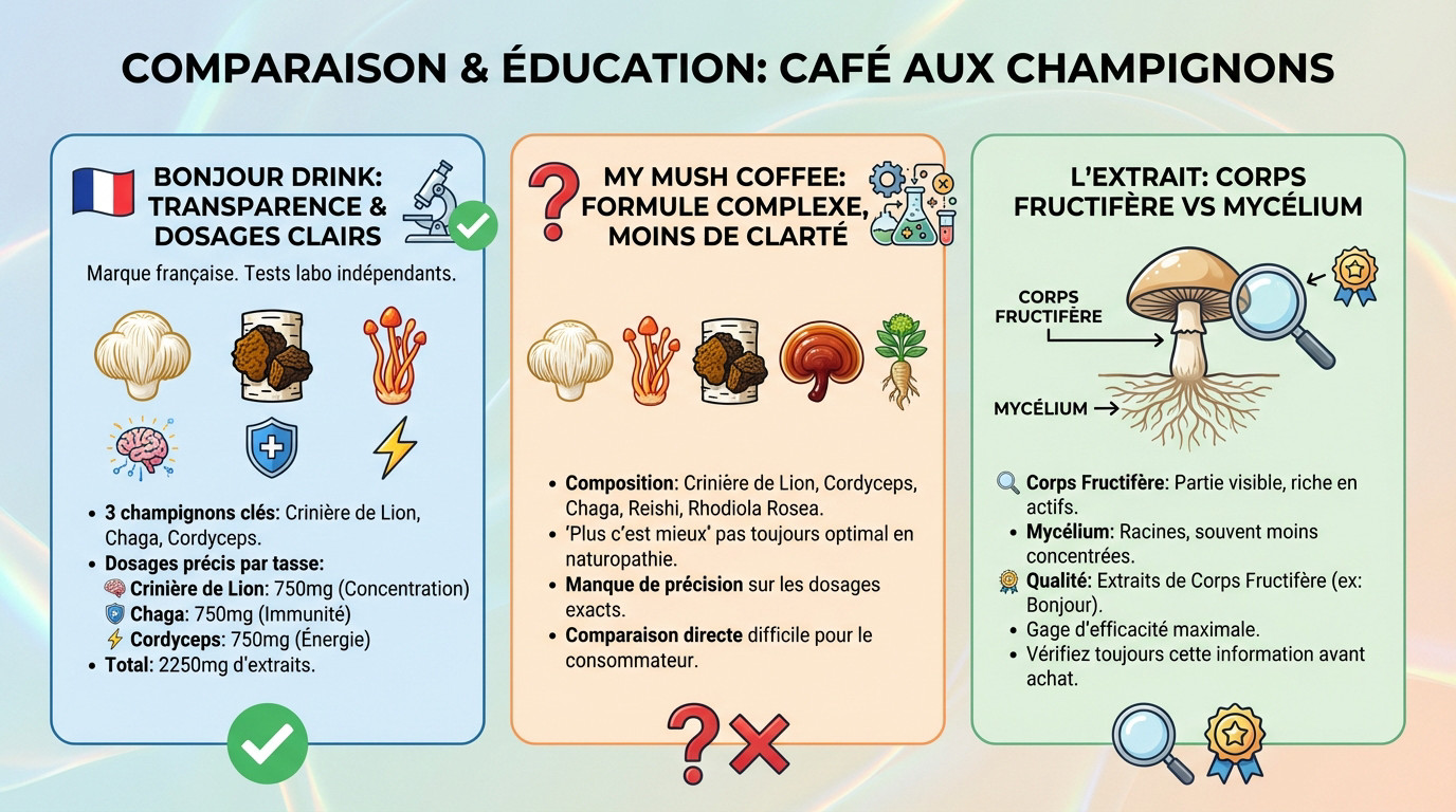 Comparaison des ingrédients et dosages entre My Mush Coffee et Bonjour Drink