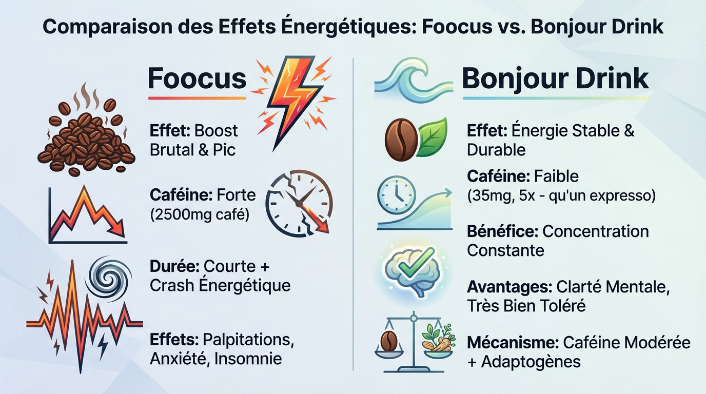 Graphique comparatif montrant le pic d'énergie brutal de Foocus face à l'énergie stable de Bonjour Drink sur la journée