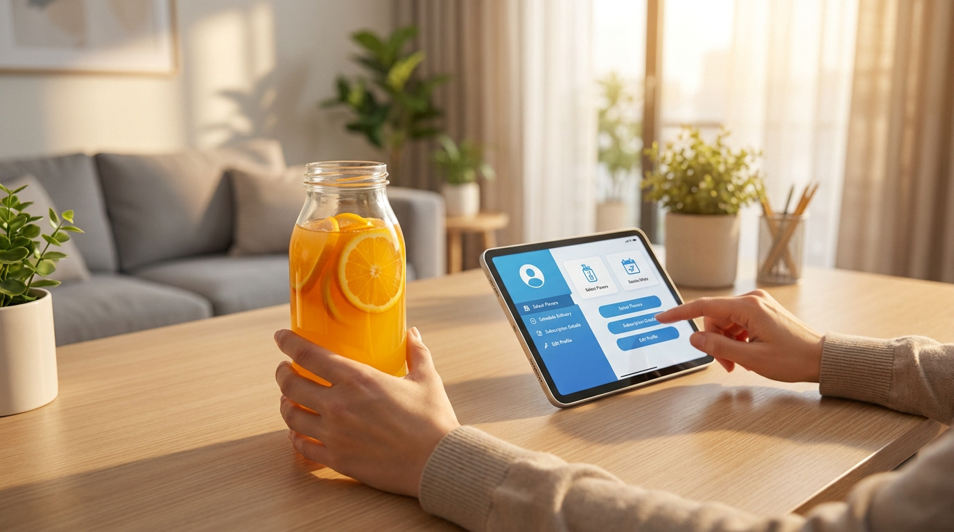 Personne utilisant une tablette pour gérer son abonnement Bonjour Drink en tenant une bouteille de jus d'orange frais.