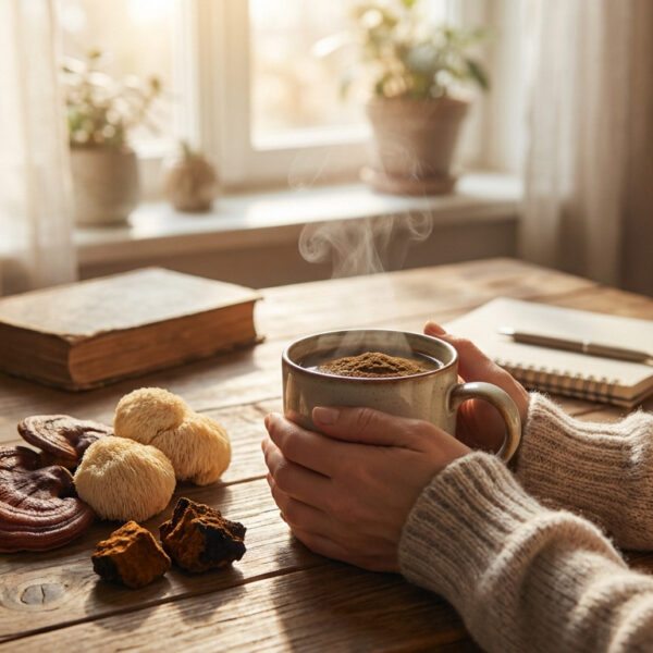 Une personne tient une tasse de café fumant à côté de champignons médicinaux sur une table en bois.
