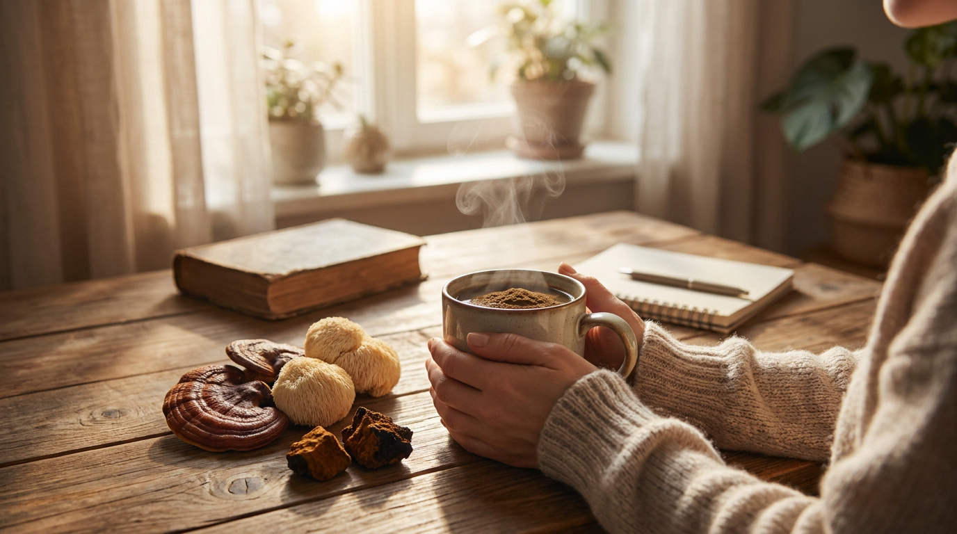 Une personne tient une tasse de café fumant à côté de champignons médicinaux sur une table en bois.