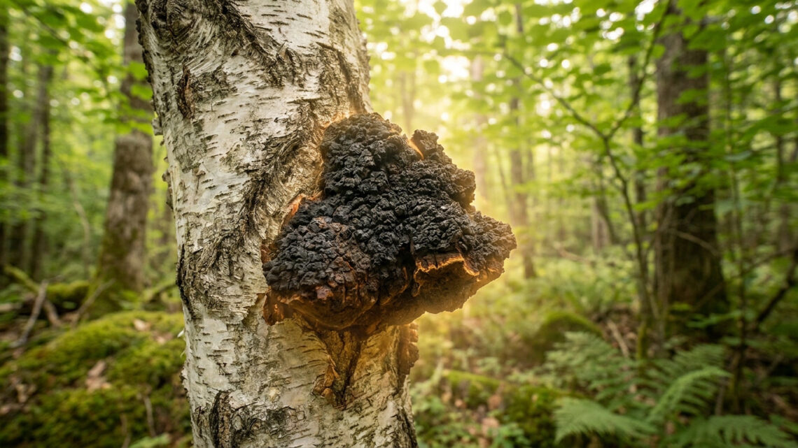 Champignon Chaga noir poussant sur l'écorce blanche d'un bouleau dans une forêt ensoleillée.