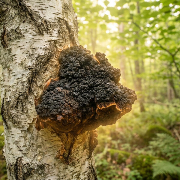 Champignon Chaga noir poussant sur l'écorce blanche d'un bouleau dans une forêt ensoleillée.