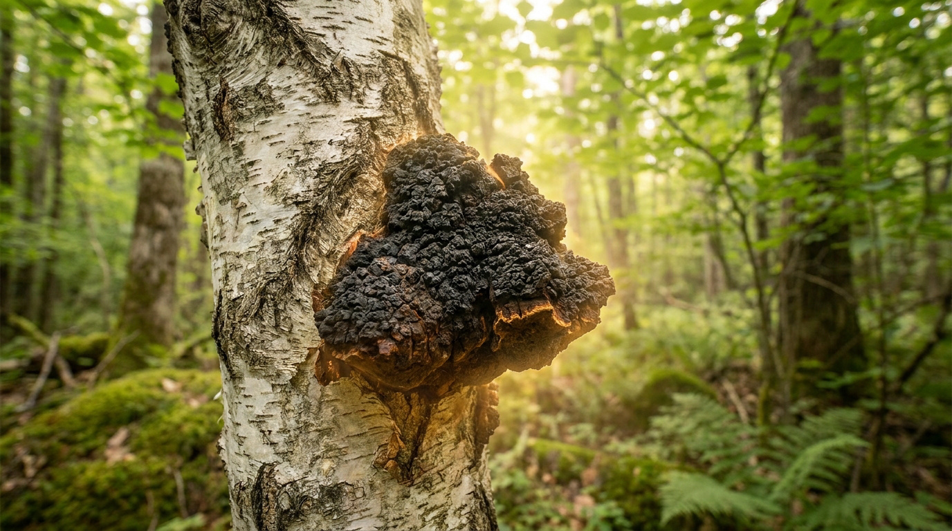 Champignon Chaga noir poussant sur l'écorce blanche d'un bouleau dans une forêt ensoleillée.