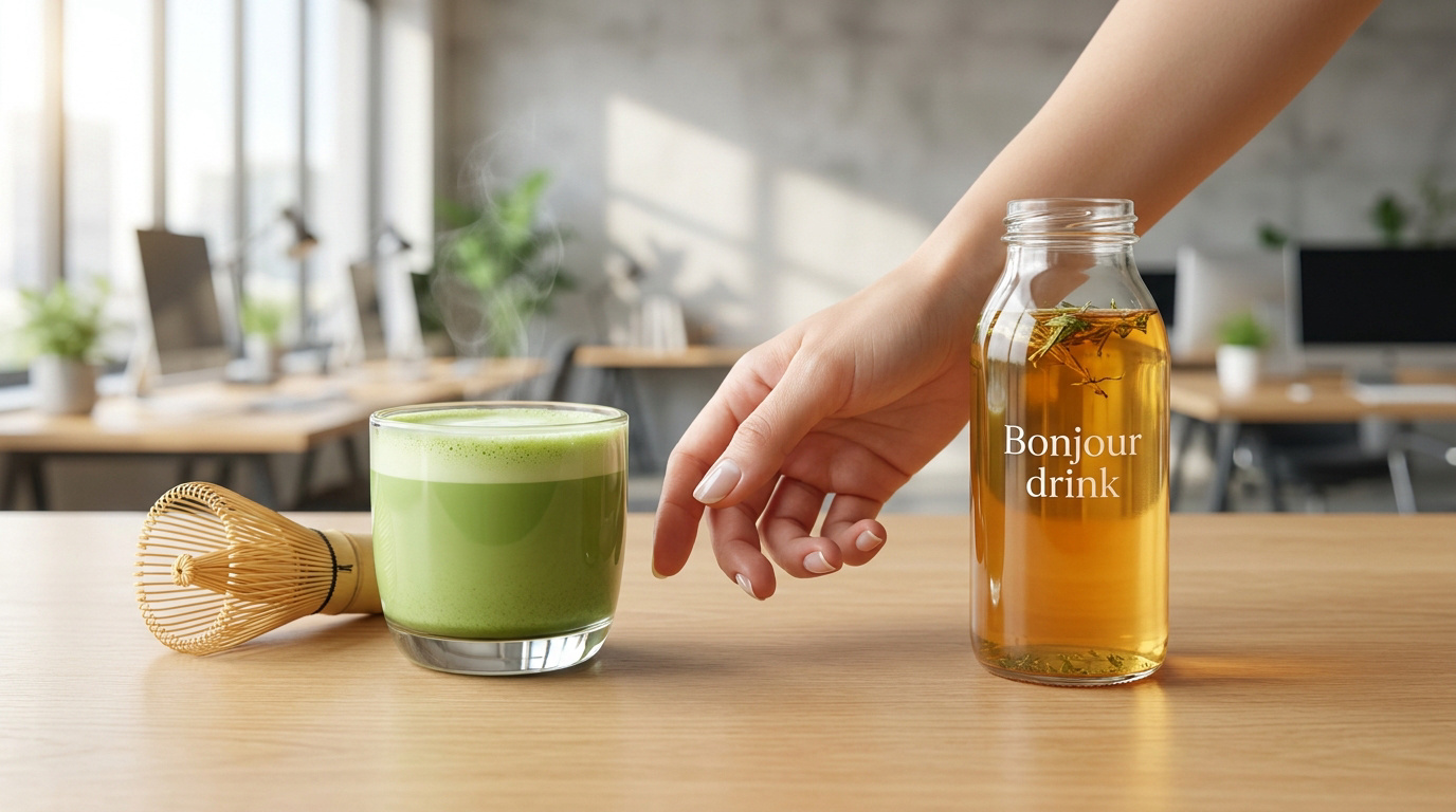 Une main tendue vers une bouteille de Bonjour drink à côté d'un matcha chaud sur un bureau de travail lumineux.