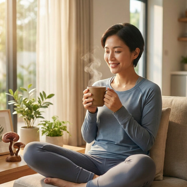 Une femme souriante assise dans un salon lumineux, tenant une tasse de café fumant, entourée de plantes et de champignons.
