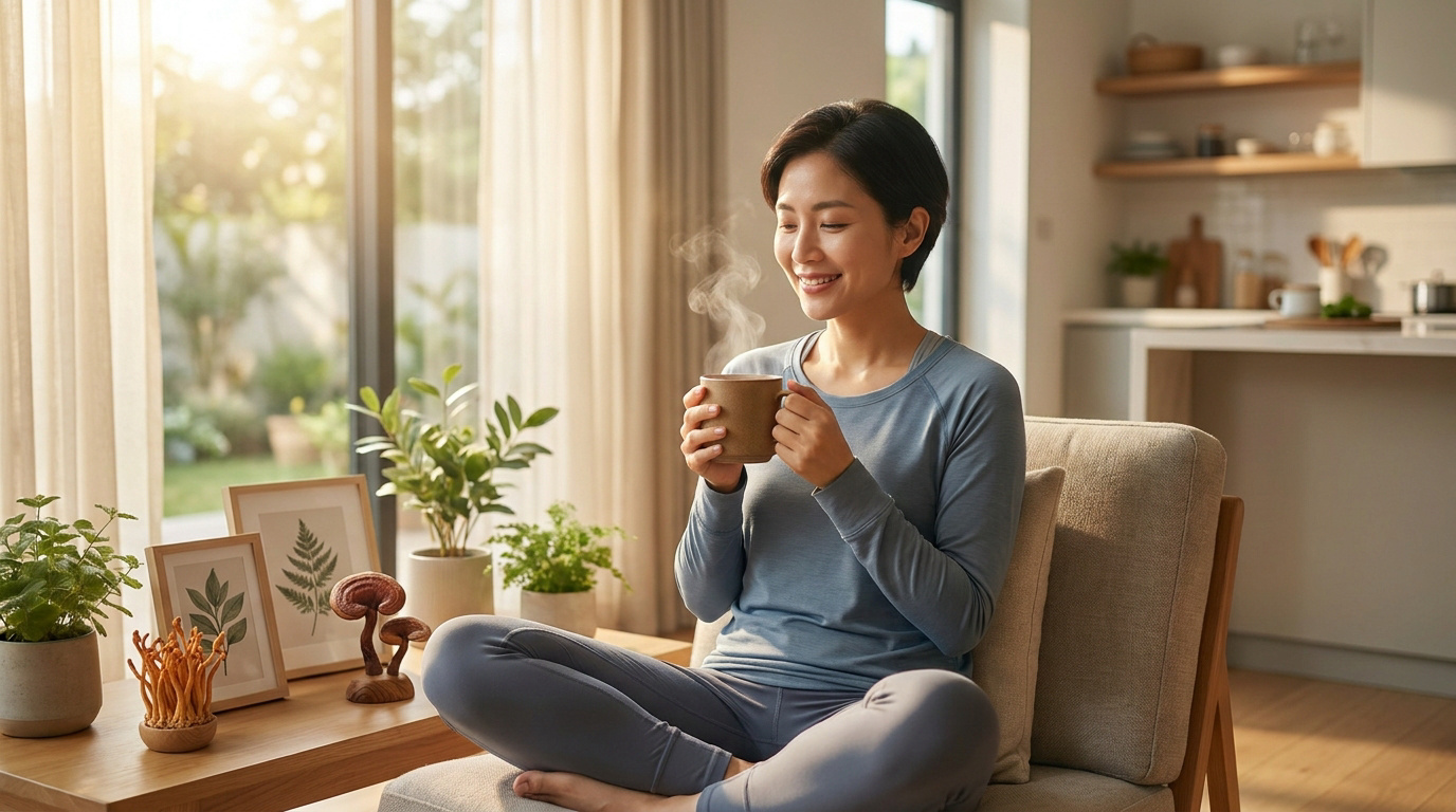 Une femme souriante assise dans un salon lumineux, tenant une tasse de café fumant, entourée de plantes et de champignons.