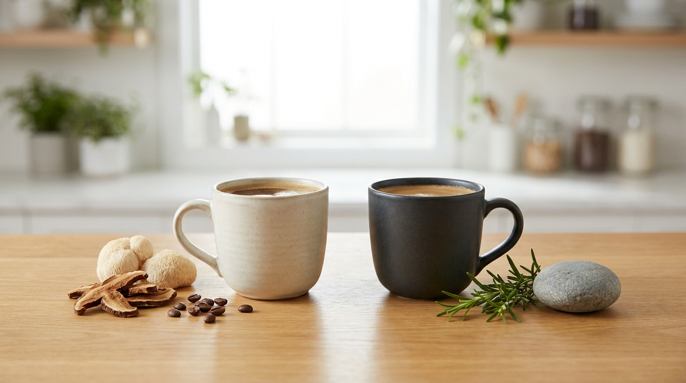 Deux tasses de café sur une table en bois, accompagnées de champignons séchés, de grains de café et d'un brin de romarin.