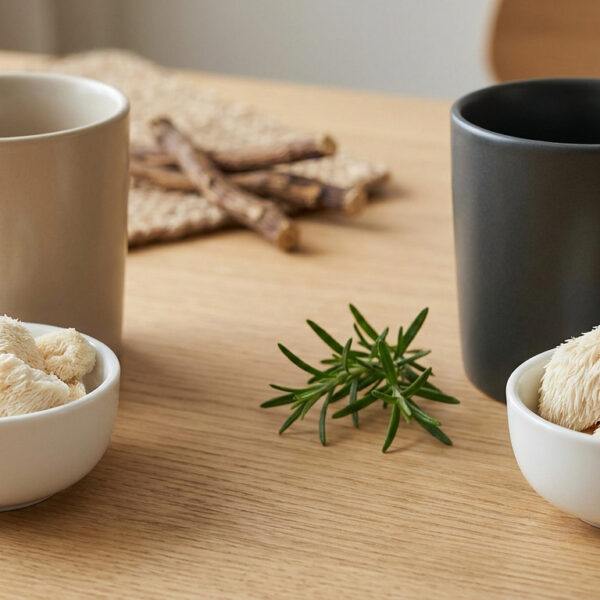 Deux tasses de café avec des bols de champignons crinière de lion et des herbes aromatiques sur une table en bois.