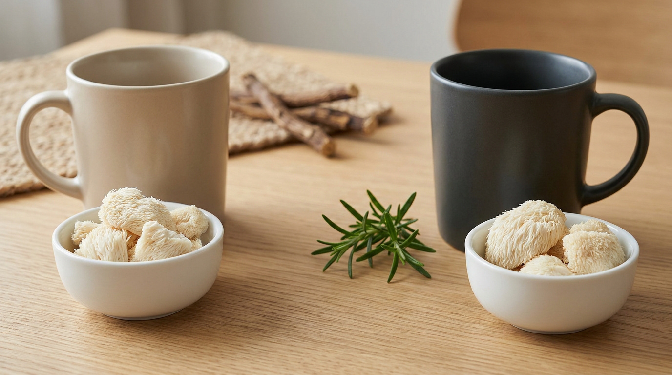 Deux tasses de café avec des bols de champignons crinière de lion et des herbes aromatiques sur une table en bois.
