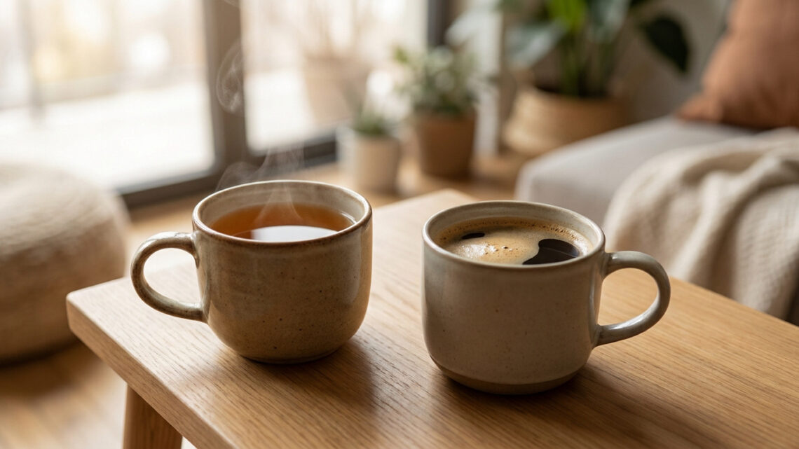 Deux tasses de boisson chaude sur une table en bois dans un salon lumineux, l'une fumante et l'autre contenant du café.