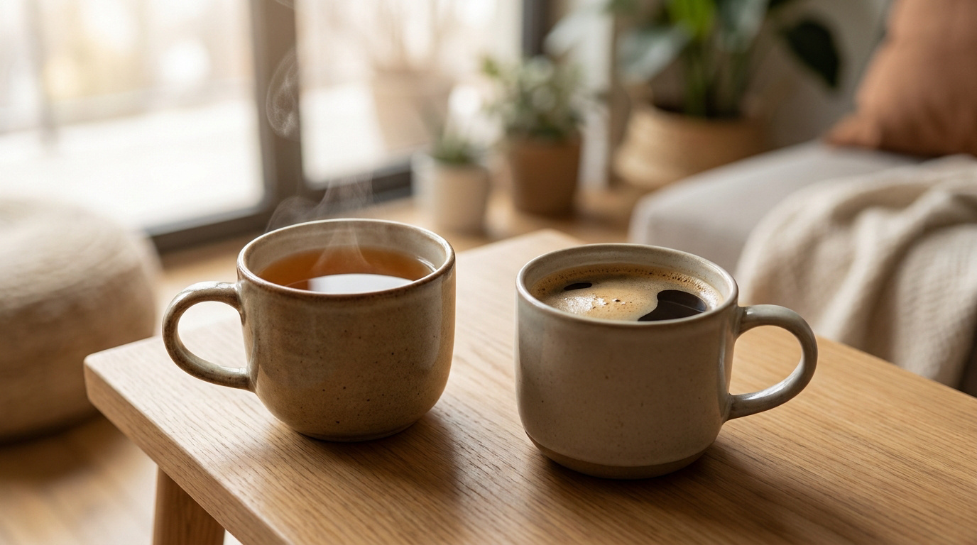 Deux tasses de boisson chaude sur une table en bois dans un salon lumineux, l'une fumante et l'autre contenant du café.